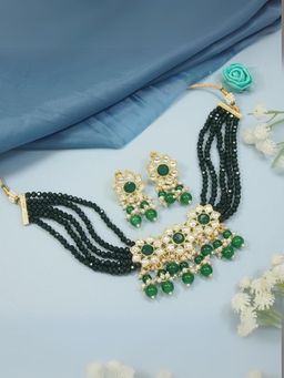I Jewels - White and Green Gold Plated Traditional Kundan and Pearls Choker Jewellery Set