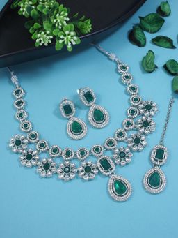 I Jewels - White and Green Silver Plated Traditional Kundan Stone Choker Jewellery Set