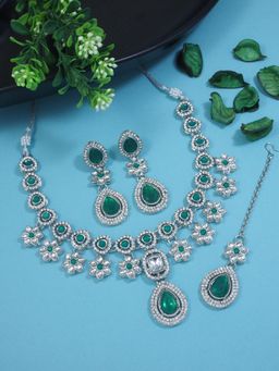 I Jewels - Green and White Silver Plated Traditional Kundan Stone Jewellery Set