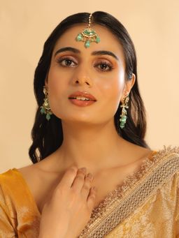 Nuyug - Green and White 22K Gold Plated Lush Green Maang Tikka and Earrings Set