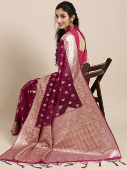 Akhilam - Wine Party Wear Organza Woven Design Saree With Unstitched Blouse