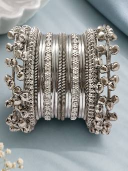OOMPH - Silver Oxidised Ghungroo Kashmiri Bangles (Pack of 20)