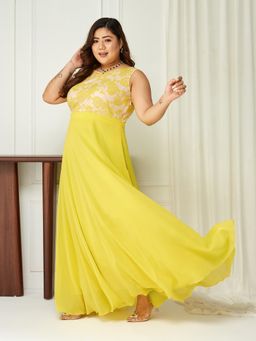 Miss Chase - A+ Curve Collection Plus Size Womens Light Yellow Fit and Flare Maxi Dress