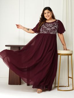 Miss Chase - A+ Curve Collection Plus Size Womens Wine Flared Sleeves Maxi Dress