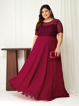 Miss Chase - A+ Curve Collection Plus Size Womens Dark Pink Round Neck Maxi Dress