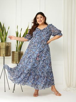 Miss Chase - A+ Curve Collection Plus Size Womens Navy Blue Floral Dress