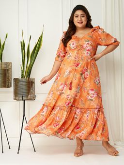 Miss Chase - A+ Curve Collection Plus Size Womens Orange Floral Dress