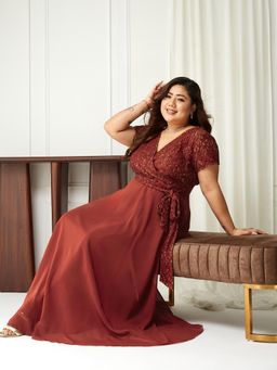 Miss Chase - A+ Curve Collection Plus Size Womens Brick Brown Lace Maxi Dress