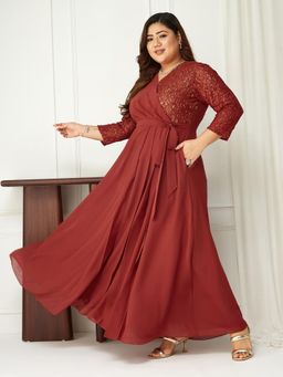 Miss Chase - A+ Curve Collection Plus Size Womens Brick Brown 3/4 Sleeve Wrap Maxi Dress