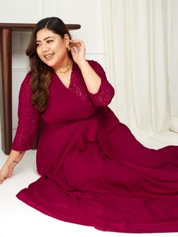 Miss Chase - A+ Curve Collection Plus Size Womens Dark Pink Colored Wrap Maxi Dress