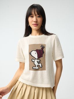 The Souled Store - Women Beige Self Design Relaxed Fit T-Shirt