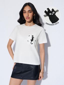 The Souled Store - Women White Embroidered Relaxed Fit T-Shirt