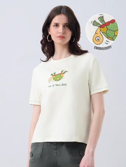 The Souled Store - Women Off White Embroidered T-Shirt