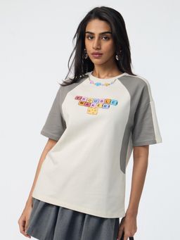 The Souled Store - Women White Colorblock Oversized T-Shirt