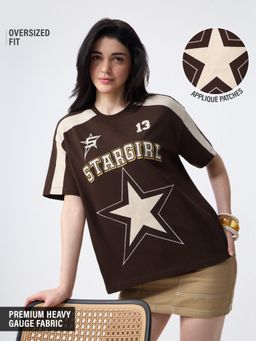 The Souled Store - Women Brown Typography Oversized T-Shirt