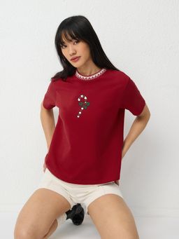 The Souled Store - Women Red Embroidered Relaxed Fit T-Shirt