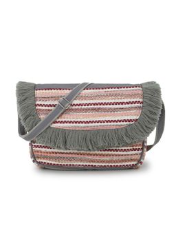Anekaant - Geomat Grey & Multi Acrylic Jacquard & Canvas Striped Sling Bag