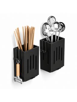 YELONA - Wall Mount 2Pc Plastic Utensil Organizer With Drain Tray - Black (Pack of 2)