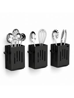 YELONA - Wall Mount 3Pc Plastic Utensil Organizer With Drain Tray - Black (Pack of 3)