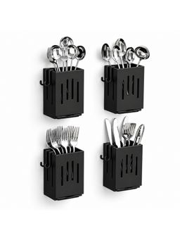 YELONA - Wall Mount 4Pc Plastic Utensil Organizer With Drain Tray - Black (Pack of 4)