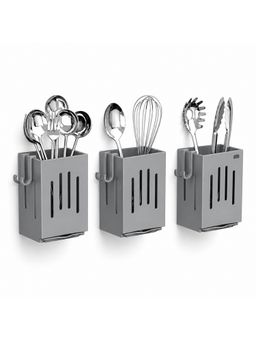 YELONA - Wall Mount 3Pc Plastic Utensil Organizer With Drain Tray - Grey (Pack of 3)