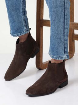 Teakwood - Men Brown Suede Leather Mid-Top Chelsea Boots