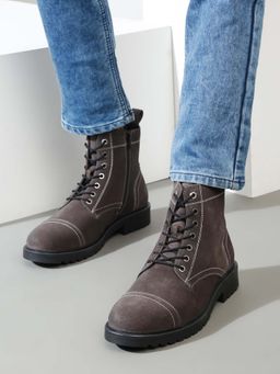 Teakwood - Men Grey Leather Lace-Up Boots