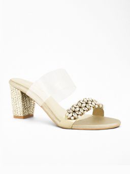 Signature Sole - Embellished Gold Block Heels for Women