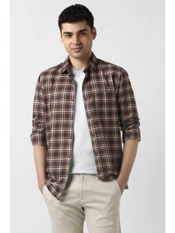 Peter England - Men Brown Check Full Sleeves Casual Shirt