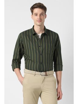 Peter England - Men Green Stripe Full Sleeves Casual Shirt