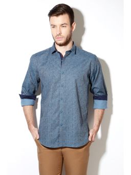 Van Heusen - Men Blue Textured Full Sleeves Party Shirt