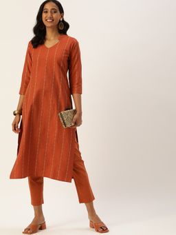 Shaily - Rust Printed Cotton Blend Kurta With pant (Set of 2)