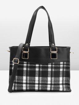 Fabbhue - Black Checks Handheld Bag and Detachable Strap (Set of 2)