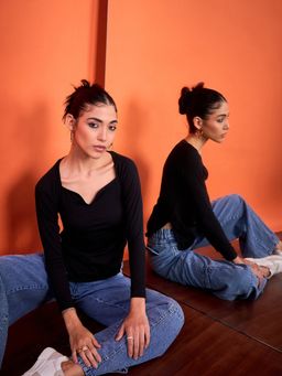 Uptownie - Womens Ribbed Cotton Sweetheart Neck Top