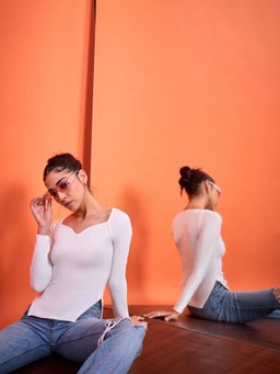 Uptownie - Womens Ribbed Cotton Sweetheart Neck Top