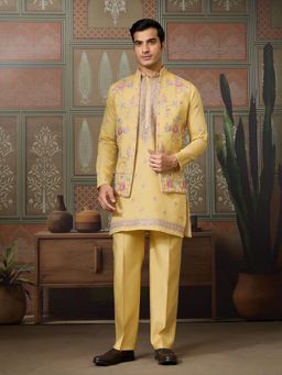 Odette - Yellow Silk Blend Embroidered Stitched Men Kurta with Pant and Dupatta
