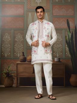 Odette - White Silk Blend Embroidered Stitched Men Kurta with Pant and Dupatta