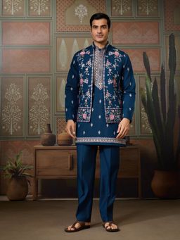 Odette - Teal Blue Silk Blend Embroidered Stitched Men Kurta with Pant and Dupatta