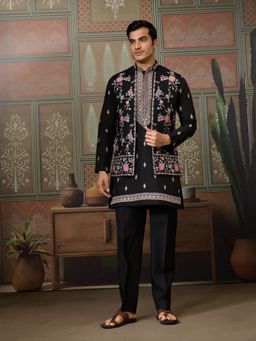 Odette - Black Silk Blend Embroidered Stitched Men Kurta with Pant and Dupatta