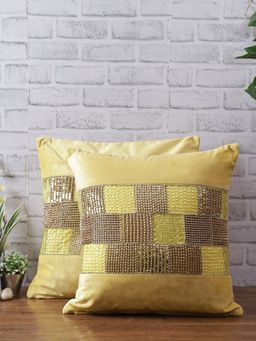Eyda - Velvet Yellow Beaded Cushion Cover Set Of 2-18X18 Inch