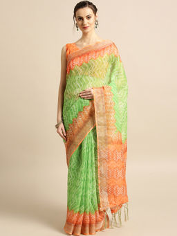 Sareemall - Green Party Linen Digital Print Saree With Unstitched Blouse