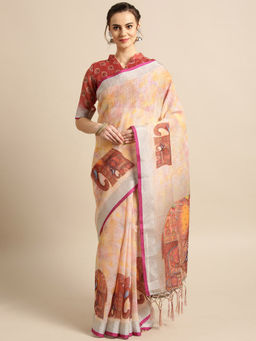 Sareemall - Multi-Color Party Linen Digital Print Saree With Unstitched Blouse