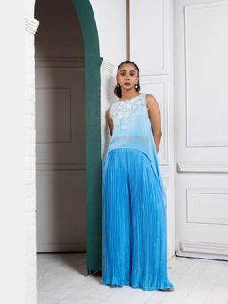 SMRITI - Sky Blue Bloom Cascade Embellished Asymmetric Palazzo and Top Set