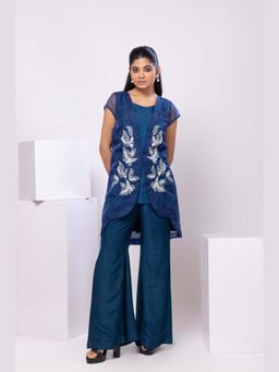 SMRITI - Navy Blue Midnight Leaf Embroidered Tunic and Pant Set