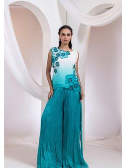 SMRITI - Teal Embellished Bloom Crest Drape Palazzo and Top Set