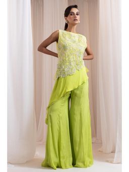 SMRITI - Green Embellished Citrine Flair Top and Palazzo with Jacket