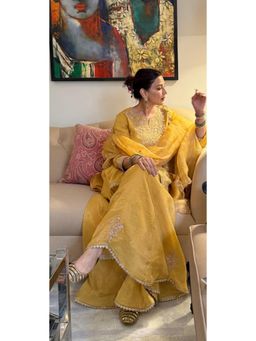 DOHR INDIA - Women Chanderi Embroidered Yellow Kurti and Sharara