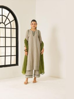 DOHR INDIA - Women Cotton Slub Embroidered Mustard Kurta and Palazzo with Dupatta