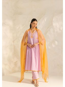 DOHR INDIA - Women Cotton Slub Embroidered Lavender Kurta and Palazzo with Dupatta