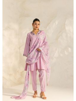 DOHR INDIA - Women Cotton Slub Embroidered Lavender Kurta and Salwar